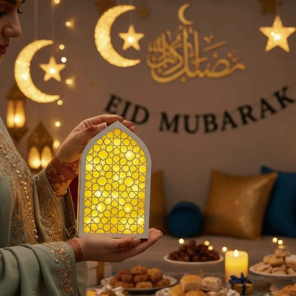 Party Supplies Creative Eid Desktop Ornament LED Moon Night Light Ornament Small Carved Eid Wooden Decoration for Gifts